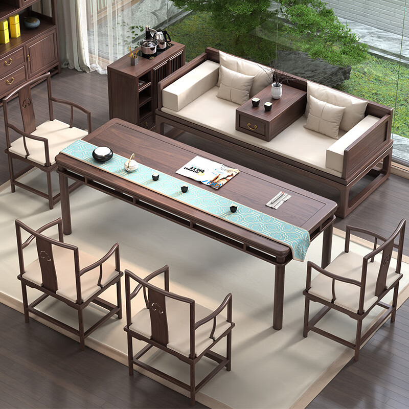 Black walnut tea table and chair combination, new Chinese style solid wood Zen office tea table, simple modern tea room coffee table 160+4 comb backs+main chair (ash wood) fully equipped
