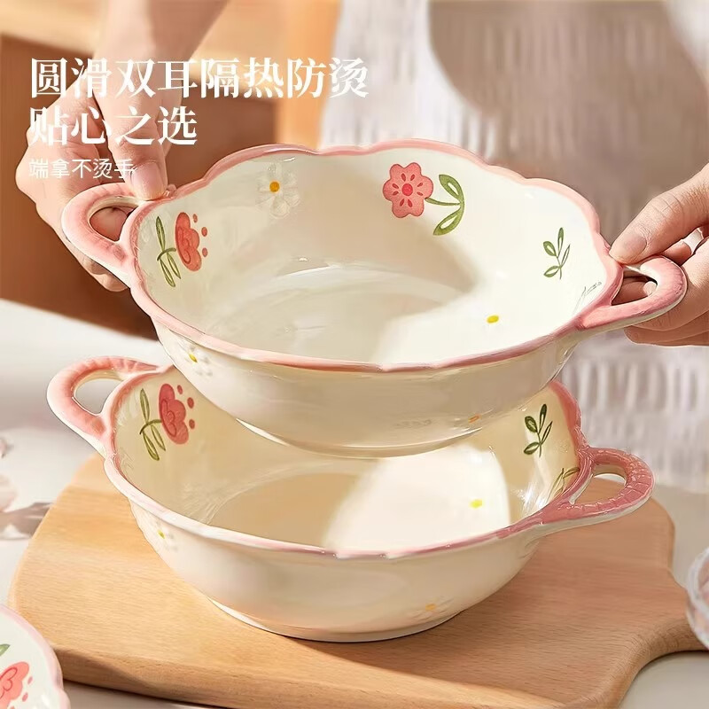 Persson's high-looking double-eared noodle soup bowl with underglaze color, personal special snail powder ceramic salad bowl for home use 2025 new 9.5-inch double-eared soup bowl