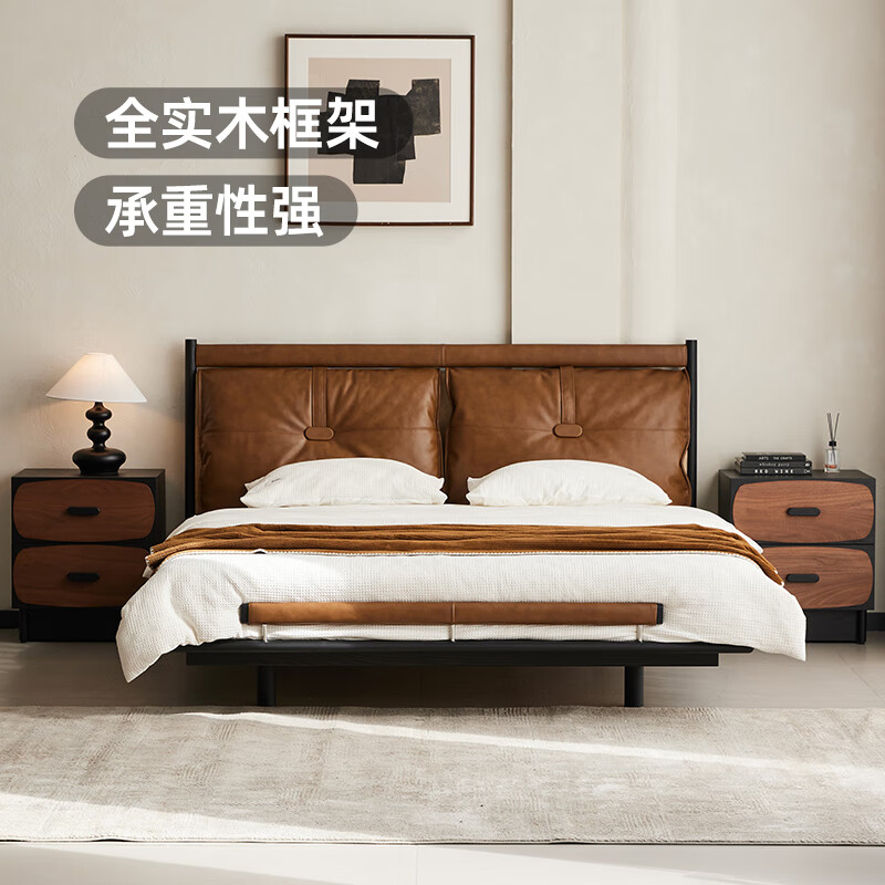 EVITA Home Berlin Leather Bed Modern Light Luxury Suspended Bed Master Bedroom High-End Atmosphere Ancient Style Double Soft Covered Wedding Bed Camel Brown Leather Bed 1.8 Meters