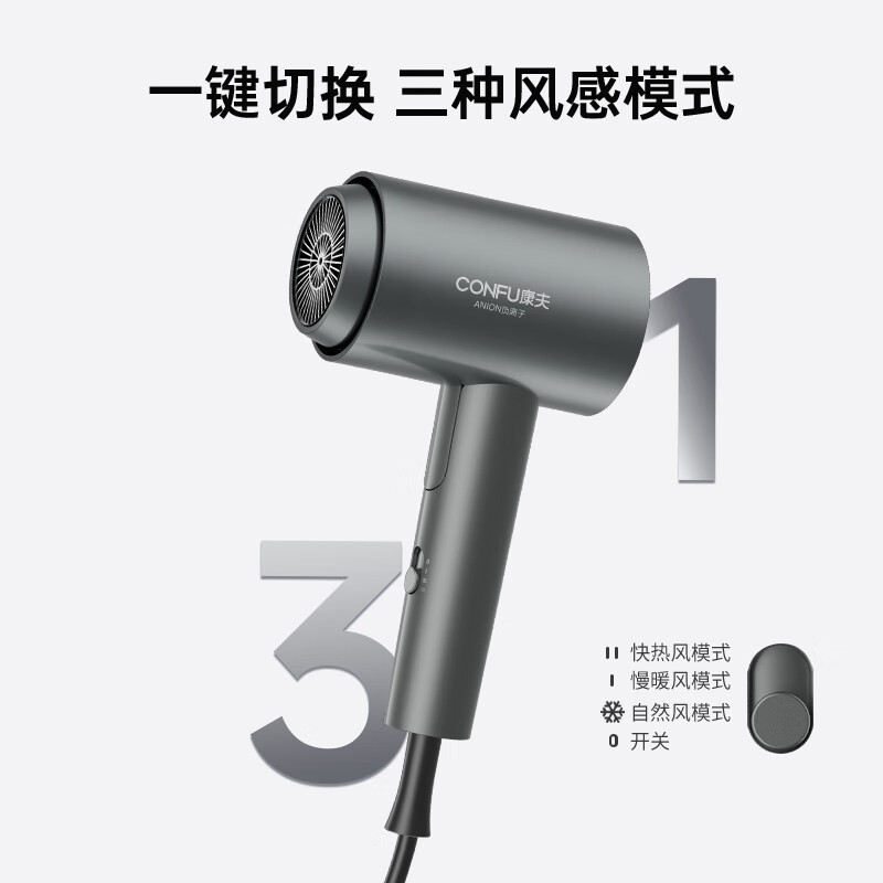 CONFU 200 million negative ion protection hair dryer folding household portable high wind speed high power state-subsidized dormitory hair dryer 1600W KF-3153 gray