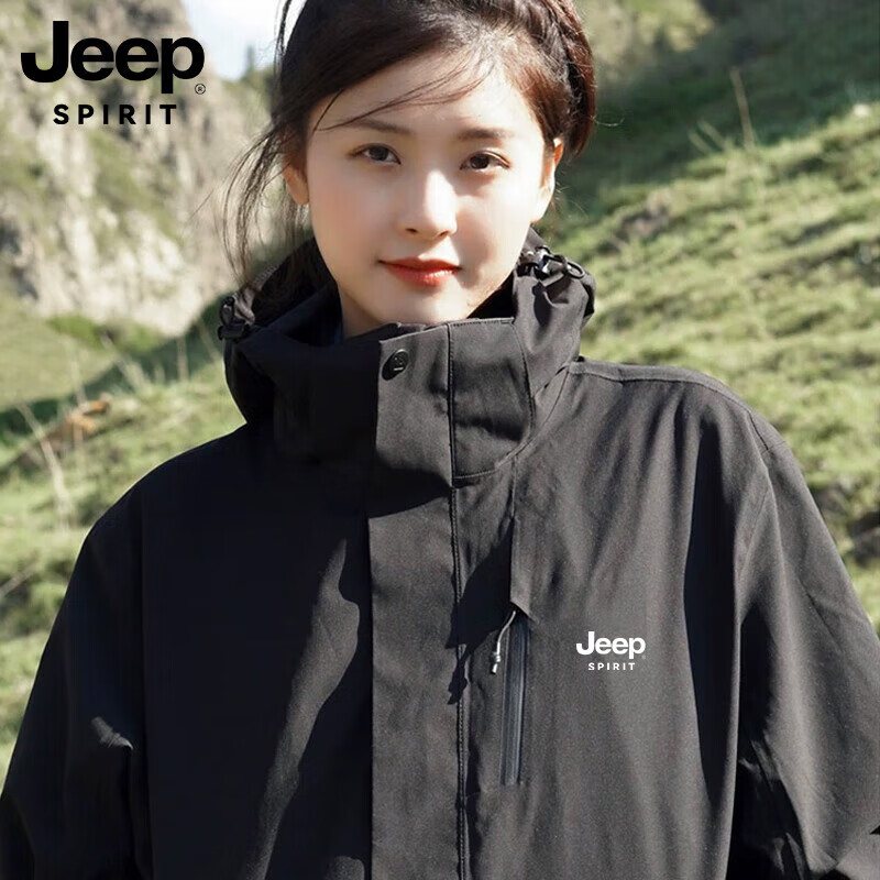 JEEP SPIRIT Jeep jacket for men and women, three-in-one couple model, detachable hooded mountaineering couple functional jacket, coat top, moonlight blue three-in-one detachable liner L (recommended 105-119 pounds)