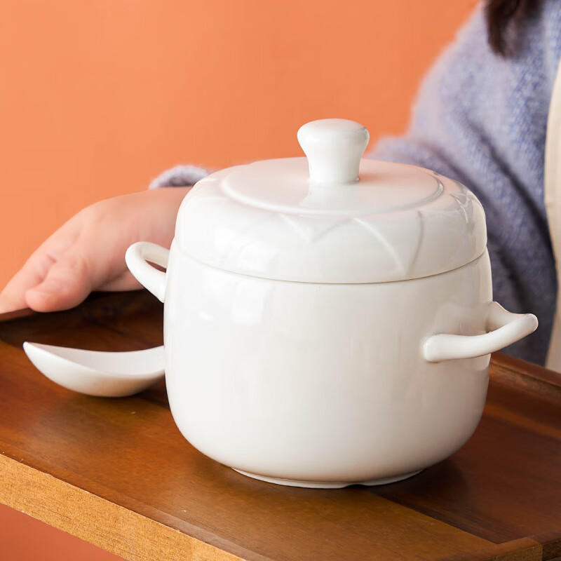 Youlaifu ceramic bowl stew pot soup bowl water-proof stew pot liner steamed egg porridge bird's nest cup pot tableware double lid spoon large 600ml