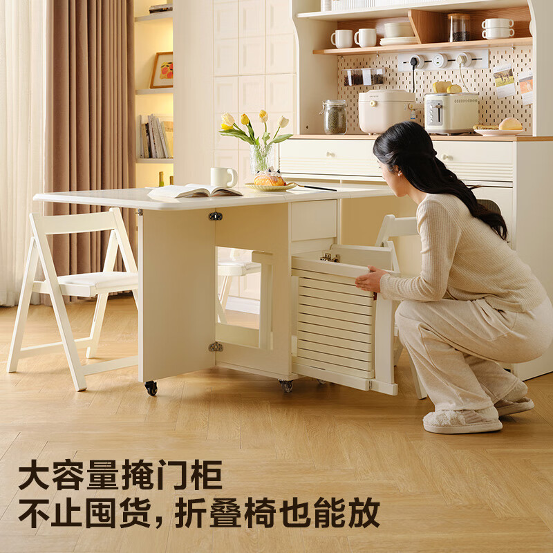 Quanyou Home Cream Style Multifunctional Sideboard Integrated Wall-mounted Small Household Folding Dining Table and Chair Combination Home Museum Sideboard + Table + Dining Chair (A*2+B*2)