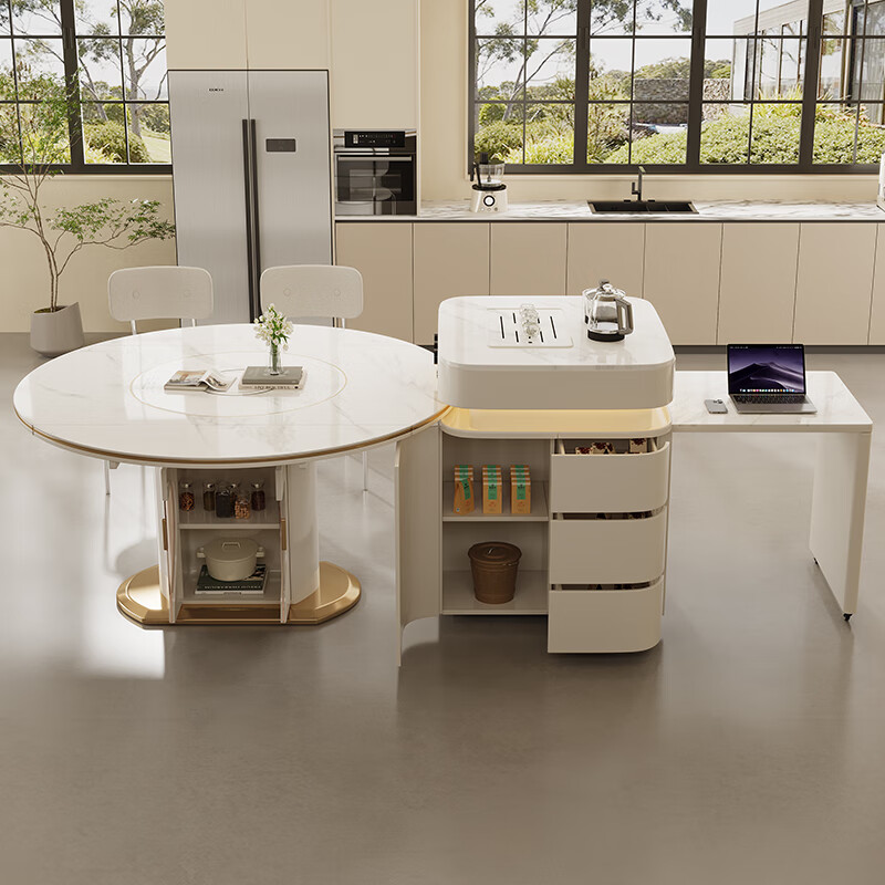 Yishengyuan slate island table dining table integrated household separated guide table modern light luxury with induction cooker turntable telescopic round table 1.35 meters dining table + telescopic island table