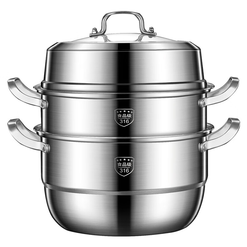 Fat Donglai's same style steamer extra thick and high 316 stainless steel thickened double three or four layers household soup pot one-piece molded thickened 36 three layers (1 pot + 2 steaming sheets + 1 steaming grid 1cm 10-year warranty, one-piece molding)