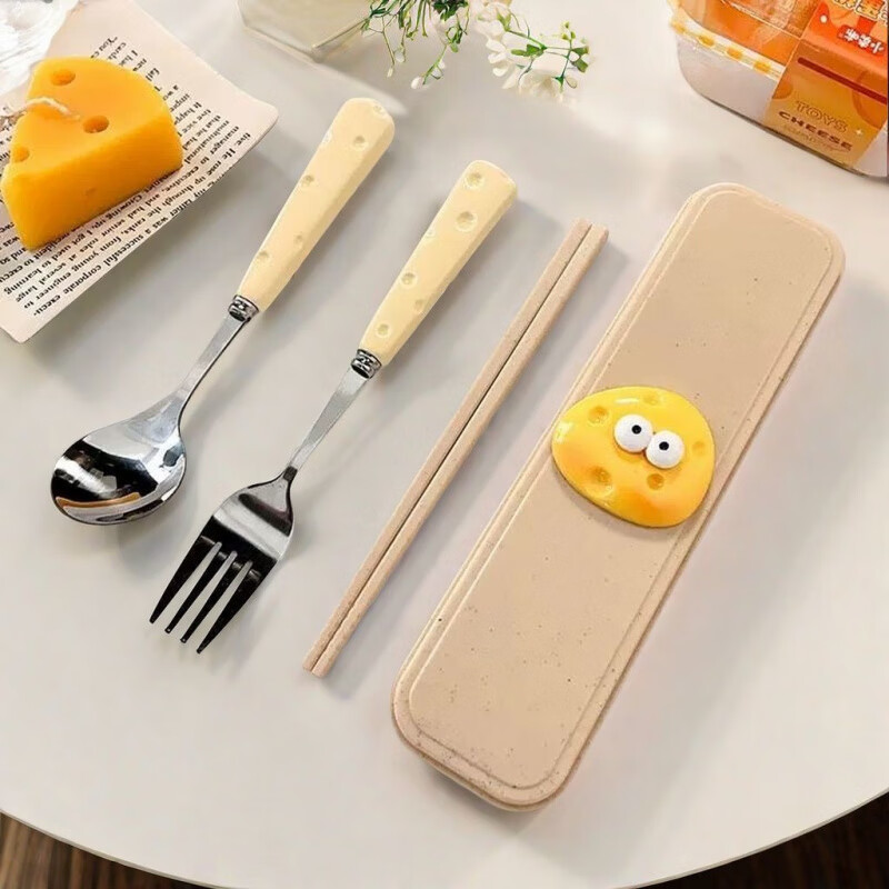 An Junsheng cute ins cheese spoon, fork and chopsticks three-piece set for students and children portable tableware storage box set spoon + fork + wheat chopsticks free box