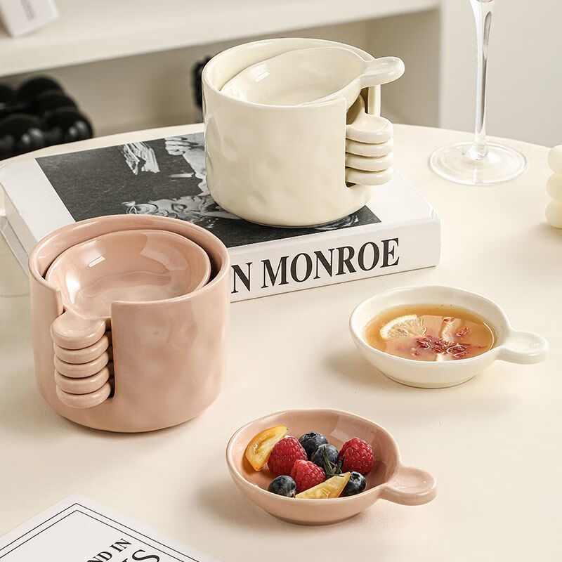 LZJV cream flavor dish with storage set can hold chopsticks, thickened high temperature resistant ceramic sauce dish, creative dipping sauce dish, high temperature fired cream yellow - 4 pieces