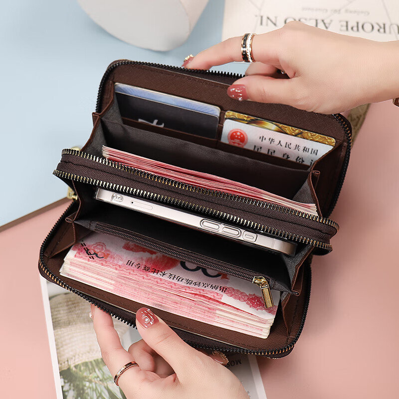 Chongsukei small&ck long wallet women's 2025 new jacquard Valentine's Day fashion double zipper clutch bag mobile phone bag jacquard brown