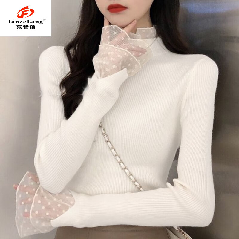 FANZELANG bottoming shirt with autumn and winter lace half-turtleneck sweater for women, winter design, niche, western and fashionable, white picture, thick style M