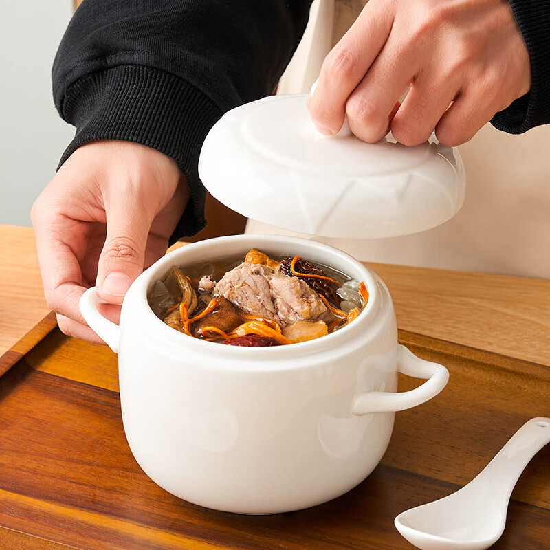 Youlaifu ceramic bowl stew pot soup bowl water-proof stew pot liner steamed egg porridge bird's nest cup pot tableware double lid spoon large 600ml