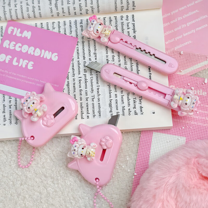 Hellokitty utility knife portable express box opener office paper knife student handmade knife pink soft cute cat short 1 piece