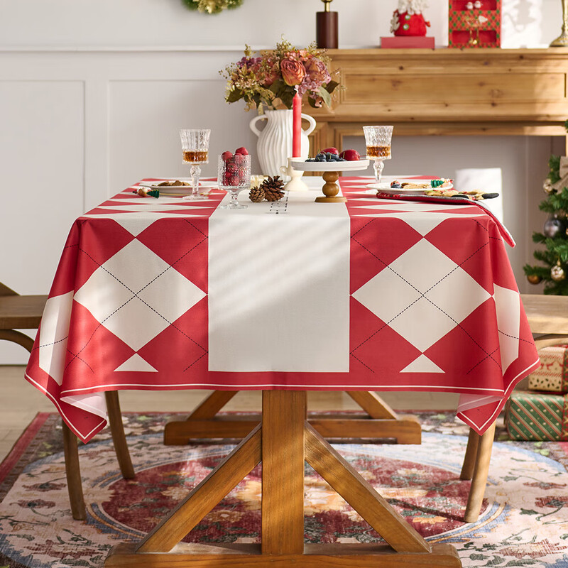 2026 New Year tablecloth red festive tablecloth atmosphere tablecloth plaid cloth Chinese style round table decoration cloth English red 140*200CM dining table