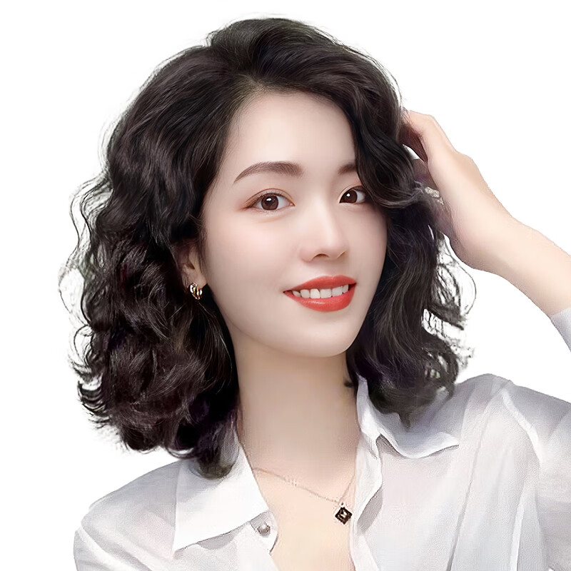 German quality wig piece for women to add fluffy hair volume to cover white hair, thin and traceless curly hair, full real hair, side-swept bangs 35cm - dark brown