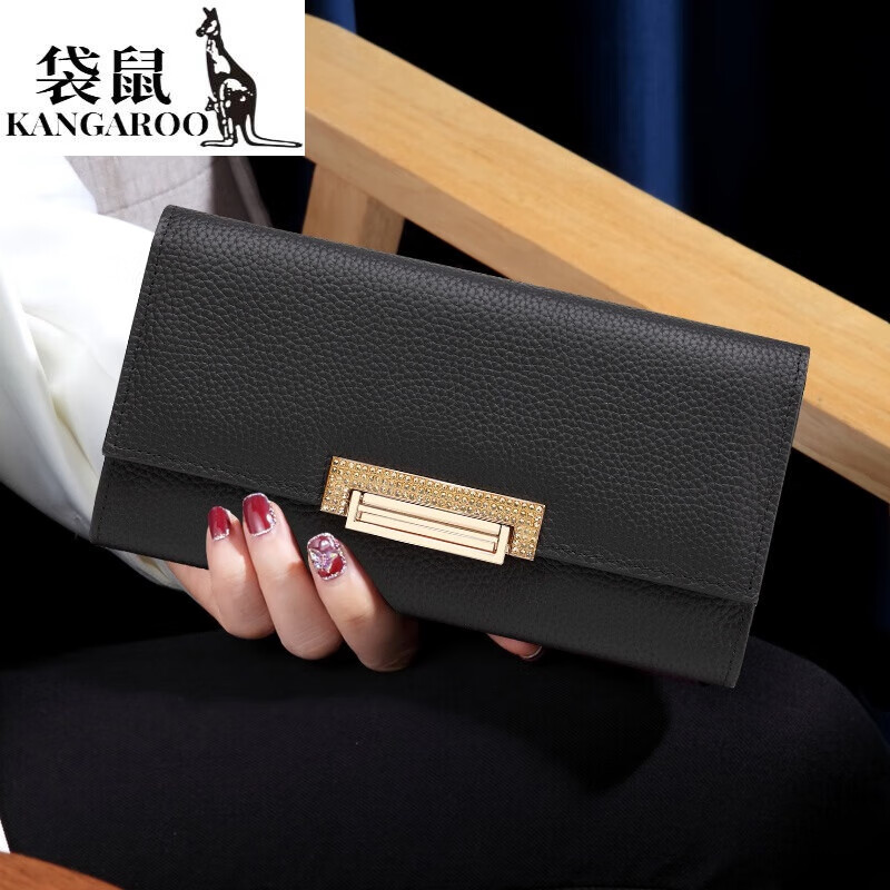 Kangaroo high-grade pure cowhide three-fold large-capacity wallet for women, versatile 2025 spring and summer new style genuine leather hand wallet for mobile phone, yellow - first-layer cowhide (large capacity with wrist strap)