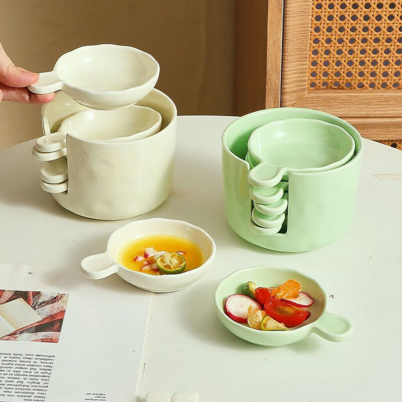 LZJV cream flavor dish with storage set can hold chopsticks, thickened high temperature resistant ceramic sauce dish, creative dipping sauce dish, high temperature fired cream yellow - 4 pieces