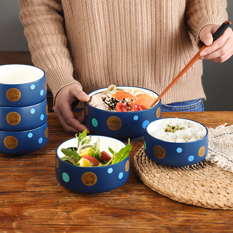 Qian Dong bowl and chopsticks set for one person, special bowls and chopsticks for couples, new exquisite and high-looking ceramic set, single bowl, bowl, chopsticks and spoon (dark blue) 3-piece set