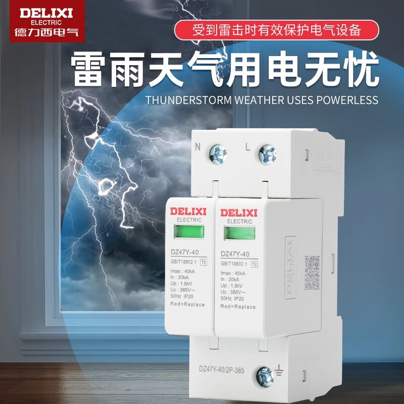 Delixi Electric Delixi DZ47SY surge protector lightning protection 2p household three-phase secondary 40ka single-phase 220v arrester 40kA 2P 275V