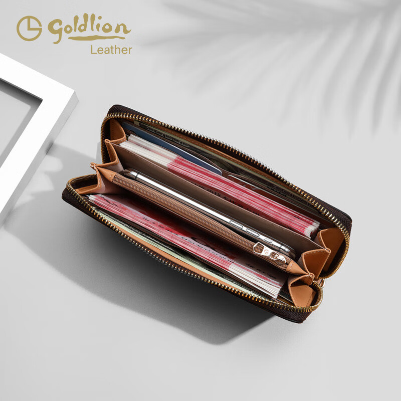 Goldlion Wallet Women's 2025 New Clutch Printed Long Zipper Multifunctional Coin Purse Women's Wallet Clutch Dark Brown