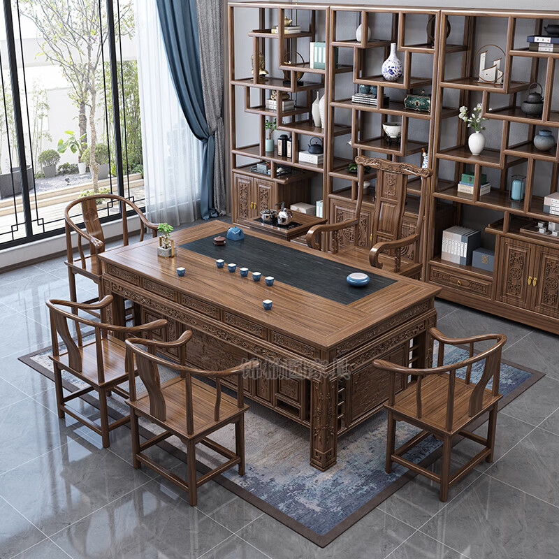 Jinyuyuan old elm solid wood tea table and chair combination office home tea table integrated modern simple Kung Fu Zen tea table 1.8 meters tea table + 1 armchair + 4 crescent chairs / wooden tea tray