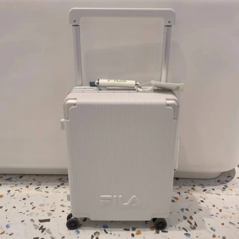 FILA suitcase, suitcase, large capacity, small trolley case, universal wheel, aluminum frame, coded leather case, white, same-day delivery, 24 inches