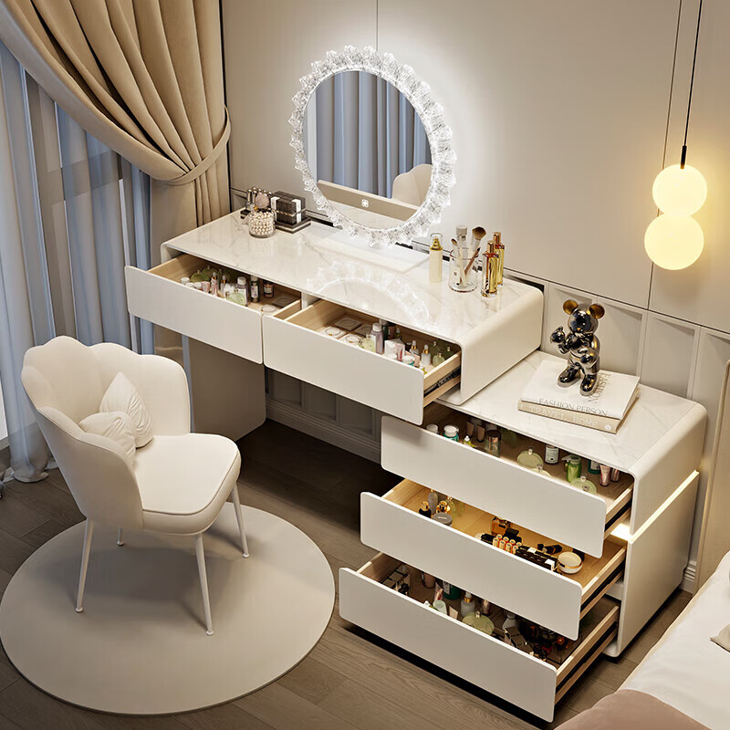 Xunhuai Dressing Table Solid Wood Italian Minimalist One-Drawer Cabinet Feel Bedroom Simple Modern 2025 New Storage Dressing Table White Slate Board 80cm+Three Drawer Cabinets+Round Mirror+Qianxun Chair Promotion