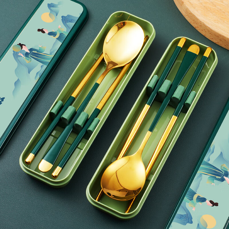 Tang Zong Chopsticks Green 304 Stainless Steel Spoon and Chopsticks Set Student Portable Tableware Box 3-piece Set A7338