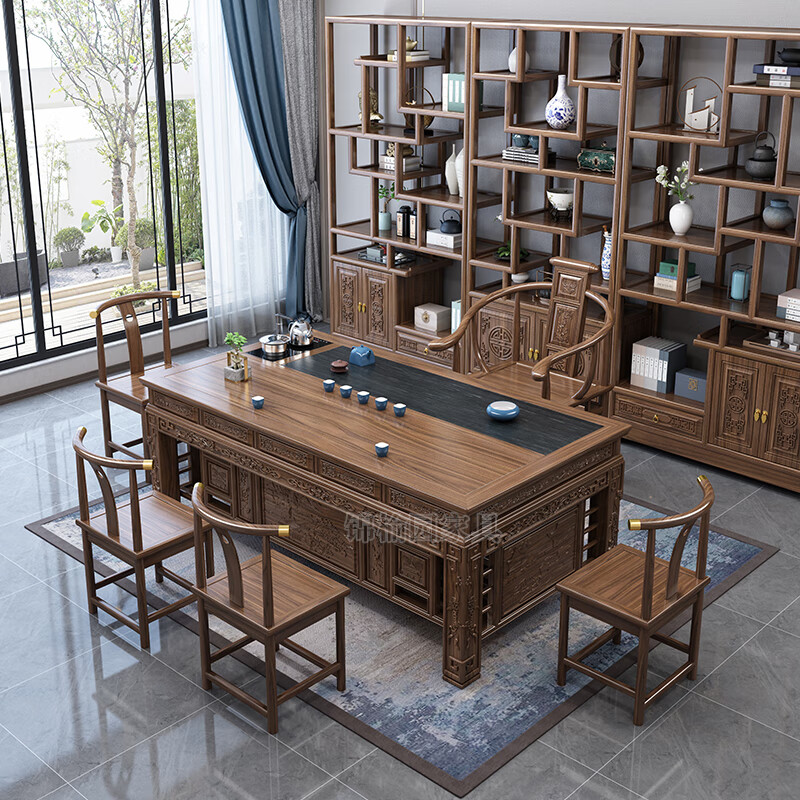 Jinyuyuan old elm solid wood tea table and chair combination office home tea table integrated modern simple Kung Fu Zen tea table 1.8 meters tea table + 1 armchair + 4 crescent chairs / wooden tea tray