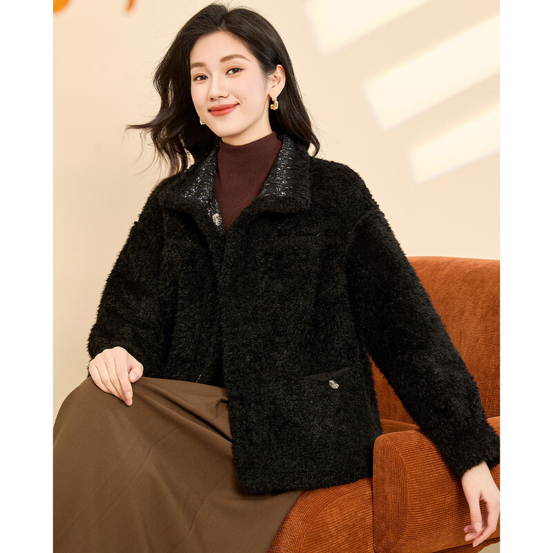 Kebei's double-sided Xiaoxiangfeng woolen coat for women winter new style plus velvet thickened plush short top black M