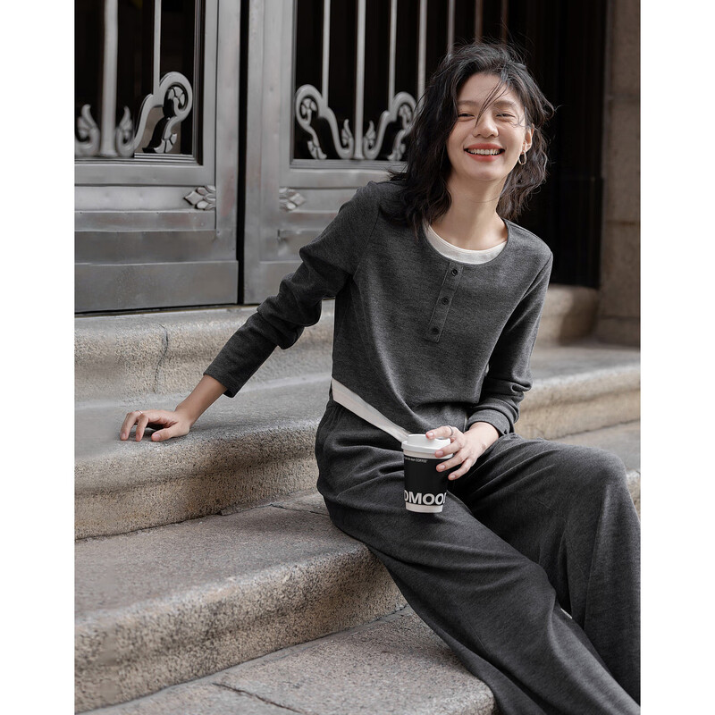 Demana Gray Suit Spring Lazy Long Sleeve Top Elastic Waist Straight Pants Covering Women's Knitted Two-piece Set