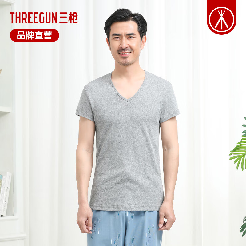 Sangun 2-pack men's T-shirt pure cotton thin short-sleeved white breathable bottoming shirt V-neck ribbed old man's sweatshirt V-neck T-shirt gray + gray XL (175)
