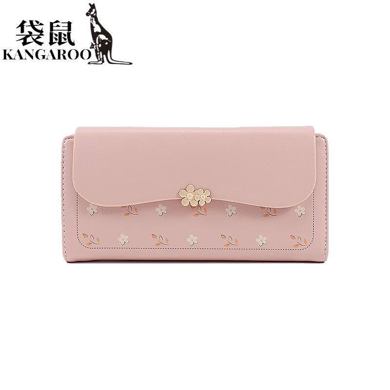 Kangaroo (KANGAROO) Wallet Women's Long Style 2026 New Korean Version Cute Flower Women's Wallet Large Capacity Card Holder Wallet Two-in-One Women Pink