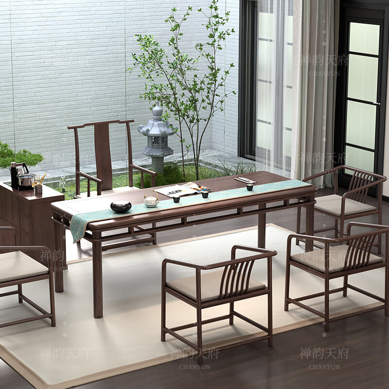 Black walnut tea table and chair combination, new Chinese style solid wood Zen office tea table, simple modern tea room coffee table 160+4 comb backs+main chair (ash wood) fully equipped