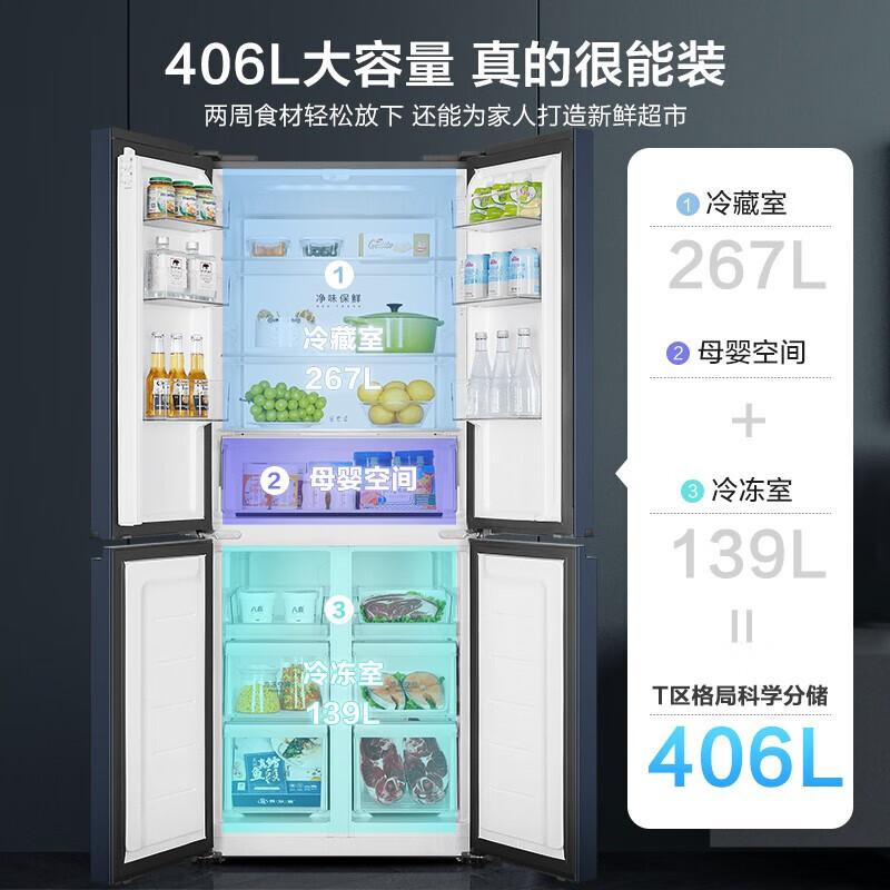 Haier refrigerator four-door cross-double door 406 liters frequency conversion energy-saving new level energy efficiency air-cooled frost-free ultra-thin household fresh pie series refrigerator trade-in subsidy high appearance 406 liters + clean taste and freshness + maternal and child space
