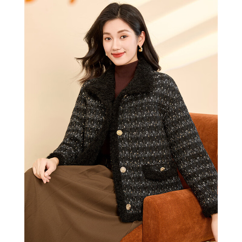 Kebei's double-sided Xiaoxiangfeng woolen coat for women winter new style plus velvet thickened plush short top black M
