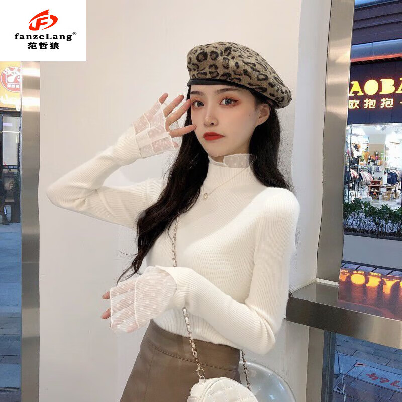 FANZELANG bottoming shirt with autumn and winter lace half-turtleneck sweater for women, winter design, niche, western and fashionable, white picture, thick style M