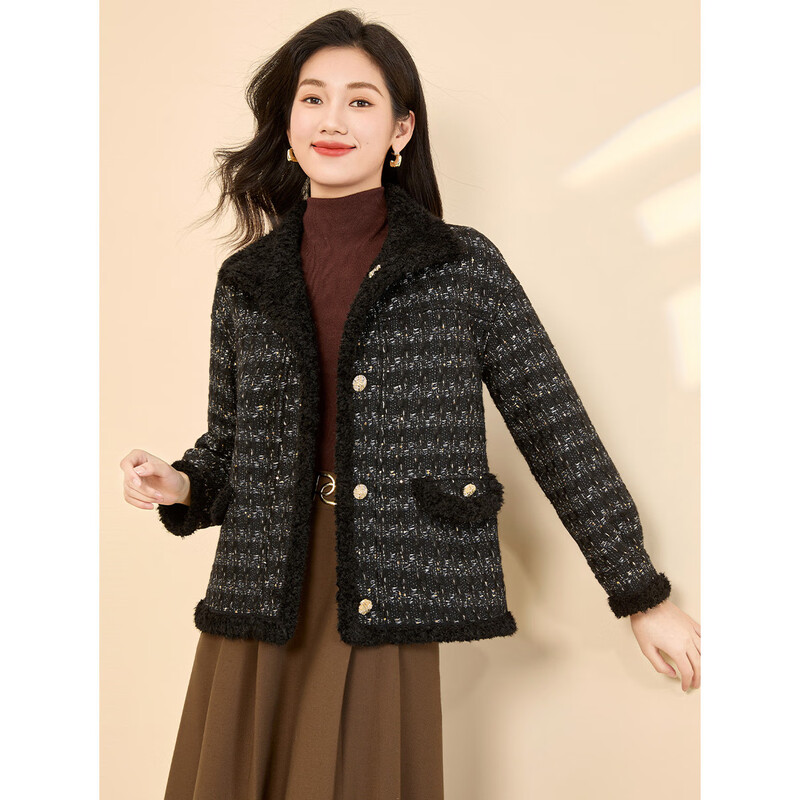 Kebei's double-sided Xiaoxiangfeng woolen coat for women winter new style plus velvet thickened plush short top black M