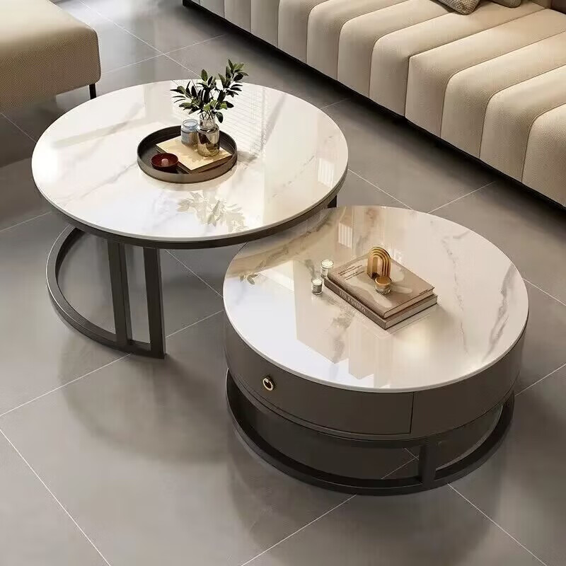 Yusenyi Xinjiang free shipping slate living room home 2025 new small apartment round glass light luxury simple combination coffee table black frame gray cabinet 50 gloss snow mountain white + 70 gloss snow round combination coffee table 卄9mm high gloss slate tabletop