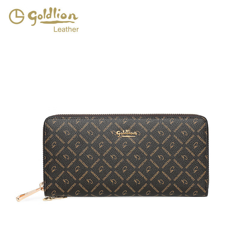 Goldlion Wallet Women's 2025 New Clutch Printed Long Zipper Multifunctional Coin Purse Women's Wallet Clutch Dark Brown