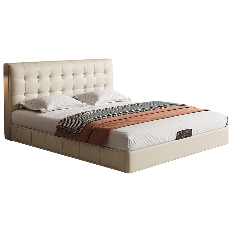 Kaderi waffle bed cream style French medieval retro style thin bed headboard leather bed small apartment storage double bed beech wood rib frame Victory series single bed frame structure 1800mm*2000mm