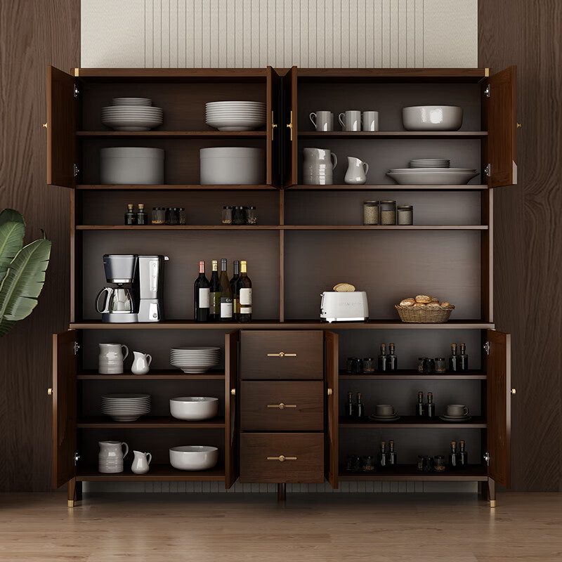 Huanghai Furniture new Chinese style solid wood sideboard tea cabinet wine cabinet multi-functional all-in-one wall storage cupboard home kitchen sideboard metal handle + solid wood cabinet leg length 137CM