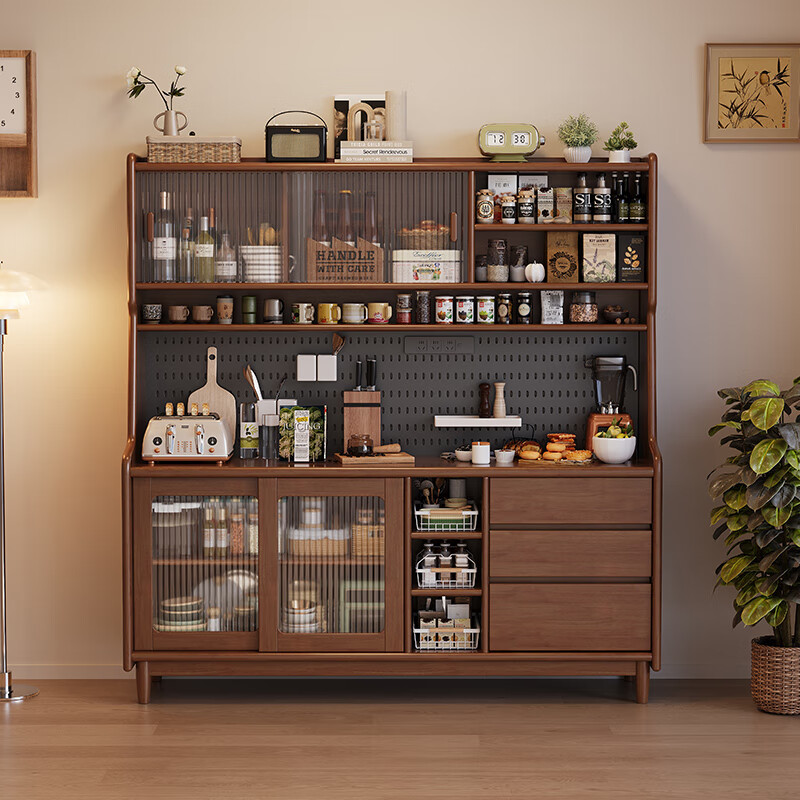 Solid wood sideboard against the wall, multifunctional large-capacity storage cabinet, living room wine cabinet, tea cabinet, side cabinet, black walnut color (installation included), large size 160*40*173cm