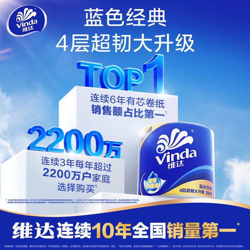 Vinda cored roll paper blue classic 4-layer 200g*27 rolls high weight toilet paper toilet paper paper towels full box