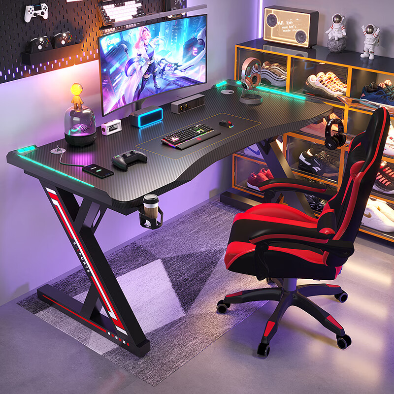 Tongfei computer desk desktop gaming table and chair set carbon fiber game table office desk simple study desk S3 engineering model gaming black 80*60*75-Z style