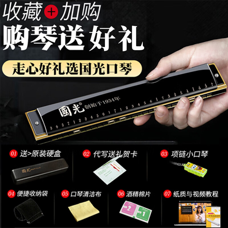 Guoguang genuine Guoguang 24-hole C-key polyphonic harmonica for beginners 28-hole accented performance level classic model (with phonetic symbols) 24-hole accented silver + gift bag