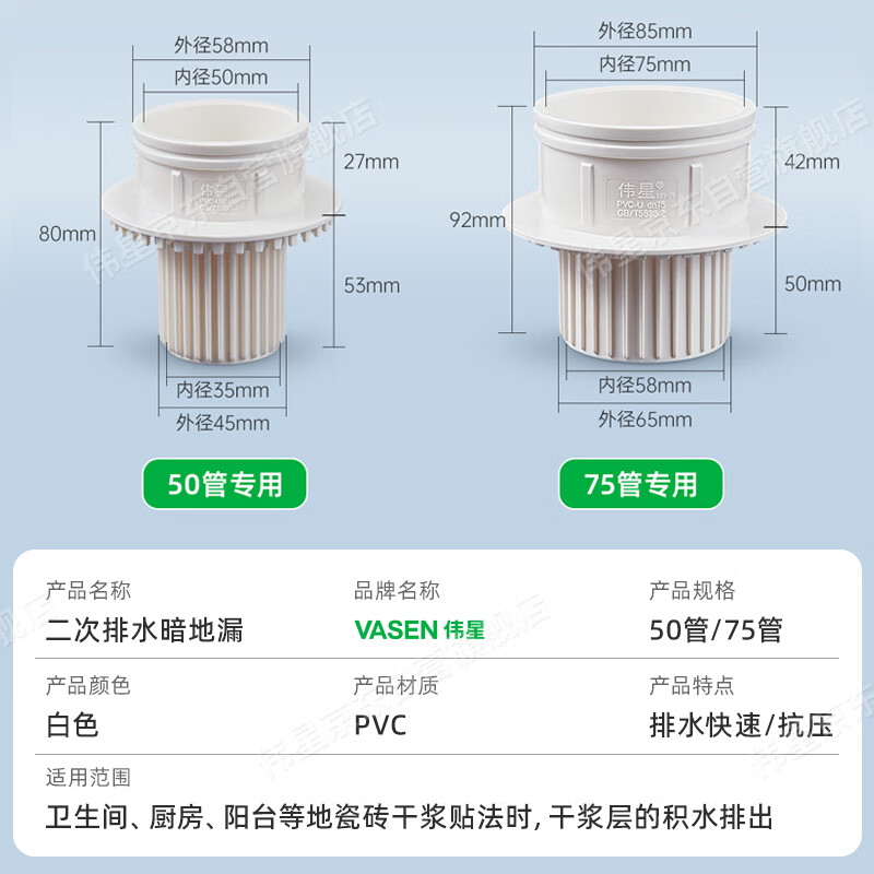Weixing PVC50 pipe secondary drainage concealed floor drain thickened simple second row dry slurry layer waterproof second row straight pipe fittings pre-embedded genuine