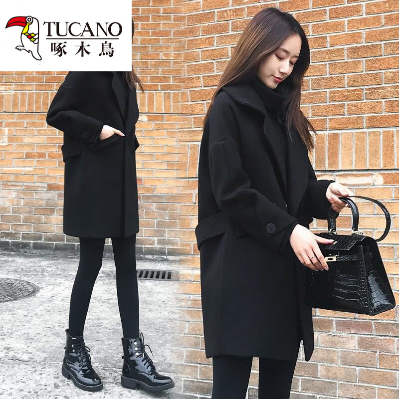 Woodpecker woolen coat for women, high quality, autumn and winter, large size, loose, mid-length, slim woolen coat, black cashmere coat, black style, regular L, recommended 100-120 pounds