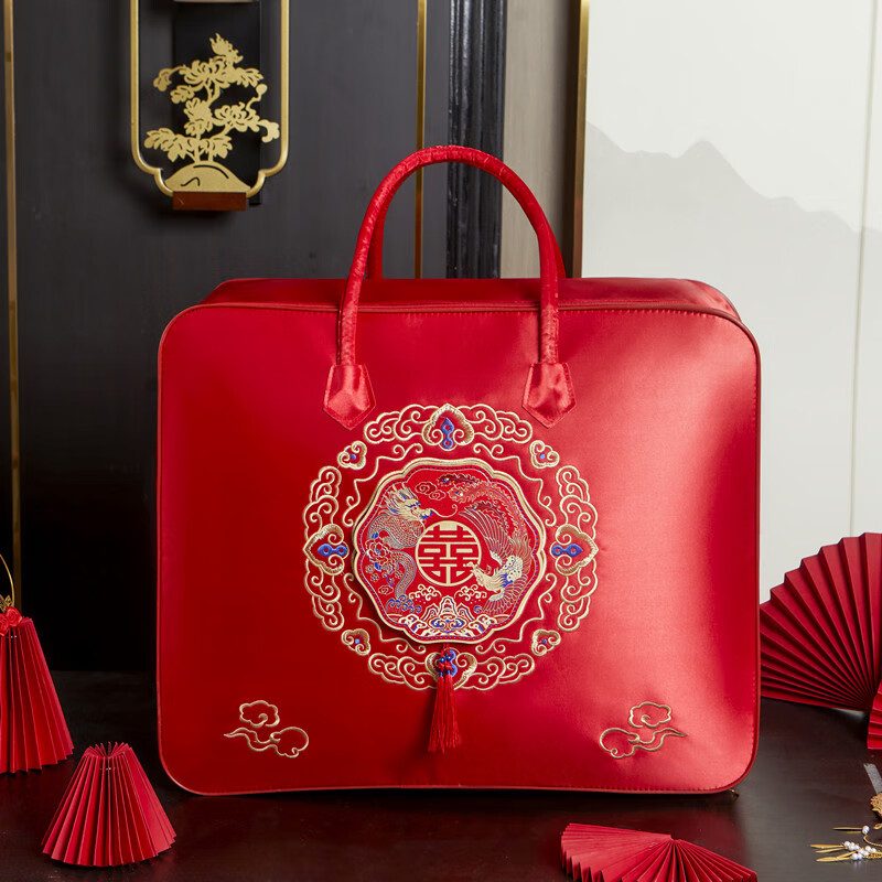 Miaopule high-end wedding four-piece set of packaging bags, wedding dowry, red wedding quilt, cotton quilt storage bag, Dragon and Phoenix Chengxiang (double handles, hand embroidery), extra large size 60*50*35 (8-12 catties quilt)