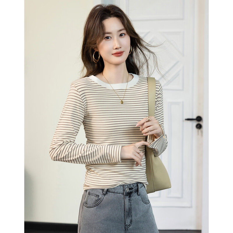 Demana relax and unwind spring high-intelligence round-neck striped bottoming shirt gentle and skin-hiding long-sleeved women's T-shirt