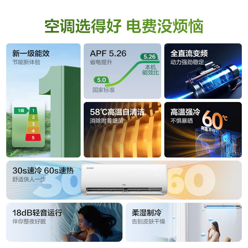 TCL air conditioner hang-up new energy efficiency variable frequency heating and cooling power saving smart self-cleaning Lehua Haibei series wall-mounted bedroom home air conditioner JD trade-in large 1 horsepower first-class energy efficiency cooling and heating frequency conversion smart cleaning