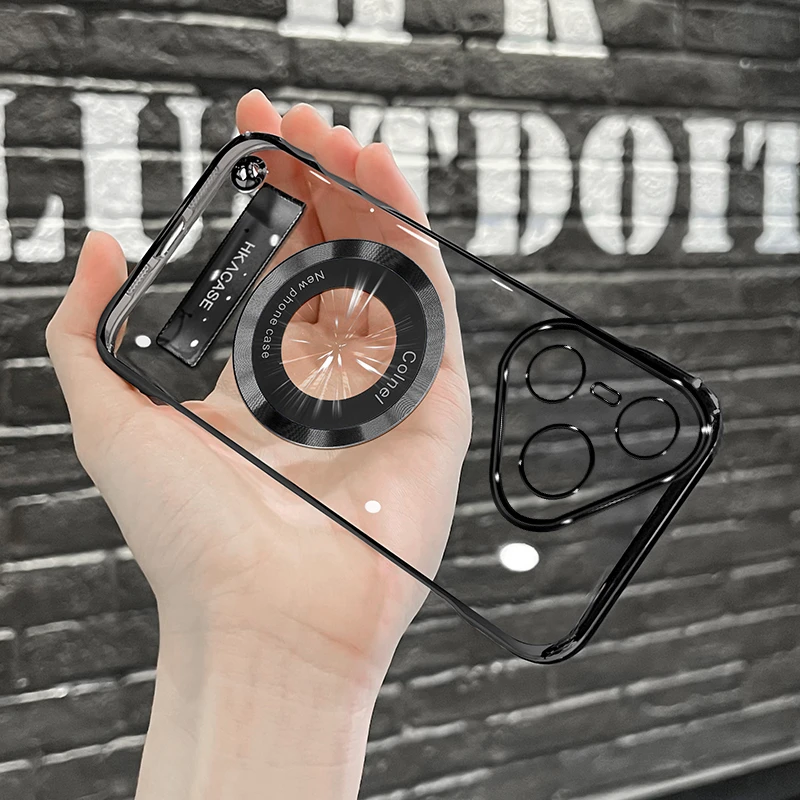 Huawei pura70pro+ simple and high-end ultra-thin electroplated frameless magnetic sticker electroplated stand mobile phone case black electroplated frameless + black stand Huawei pura70pro+